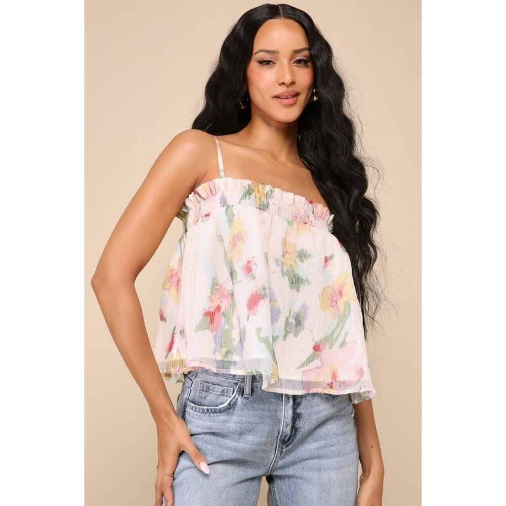 Lulus Dreamy Effect Cream Floral Print Plisse Chiffon Cami Top White - Size L
